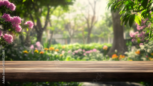 Beautiful Wooden Tabletop in Serene Garden Setting