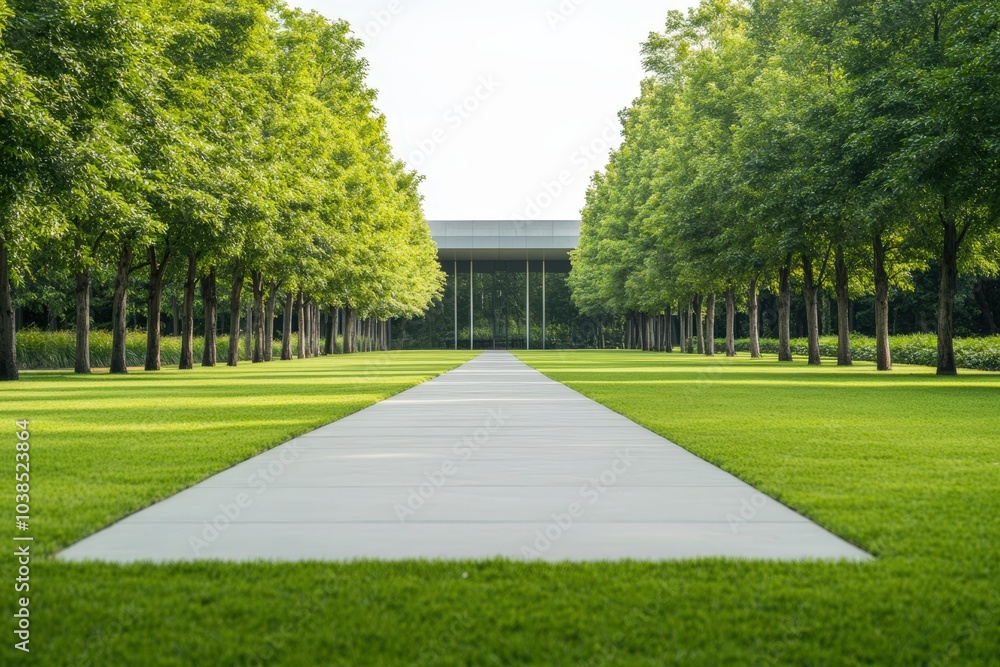 Serene garden pathway through lush green trees Serene garden pathway through lush green trees