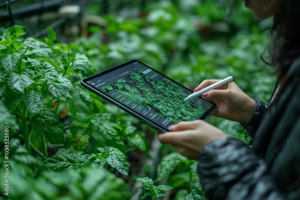 Agronomist using digital tablet for analysis of plantation. advanced monitoring system using artificial intelligence technology for agriculture Agronomist using digital tablet for analysis of plantation. advanced monitoring system using artificial intelligence technology for agriculture