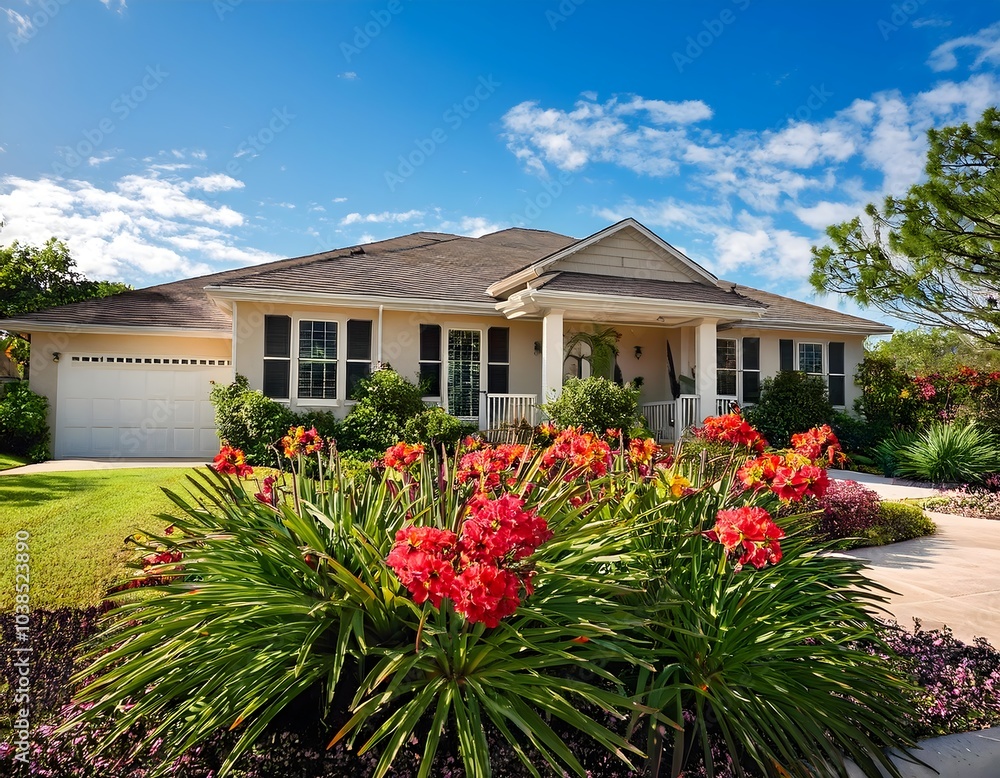 Fototapeta premium Sun-Kissed Serenity: A Florida Home Surrounded by Vibrant Blooms