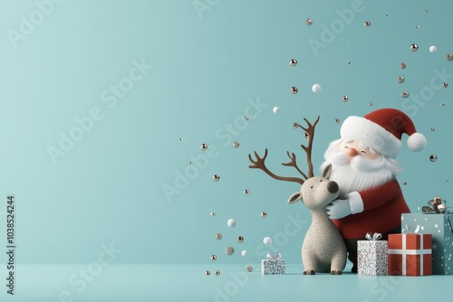 A cheerful Santa Claus embraces a cute reindeer amidst floating decorations, accompanied by wrapped gifts on a bright teal background.