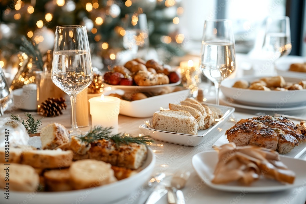 An inviting holiday feast is set on a table decorated with glowing candles and festive dishes, surrounded by sparkling decorations and ready for a joyful gathering. An inviting holiday feast is set on a table decorated with glowing candles and festive dishes, surrounded by sparkling decorations and ready for a joyful gathering.