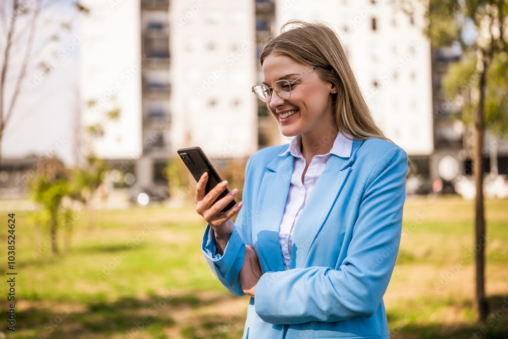 Happy businesswoman with eyeglasses using mobile phone while standing outdoor. Happy businesswoman with eyeglasses using mobile phone while standing outdoor.