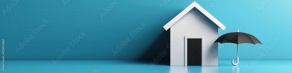 Home with an umbrella blocking falling debris, insurance coverage, 3D illustration, Home with an umbrella blocking falling debris, insurance coverage, 3D illustration,