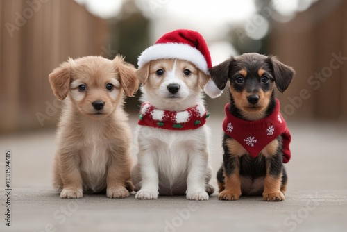 cute christmas puppies in festive sweaters and santa hat