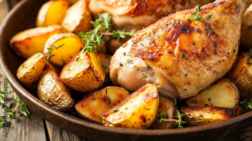 Rustic Roasted Chicken Leg with Crispy Potato Wedges Rustic Roasted Chicken Leg with Crispy Potato Wedges
