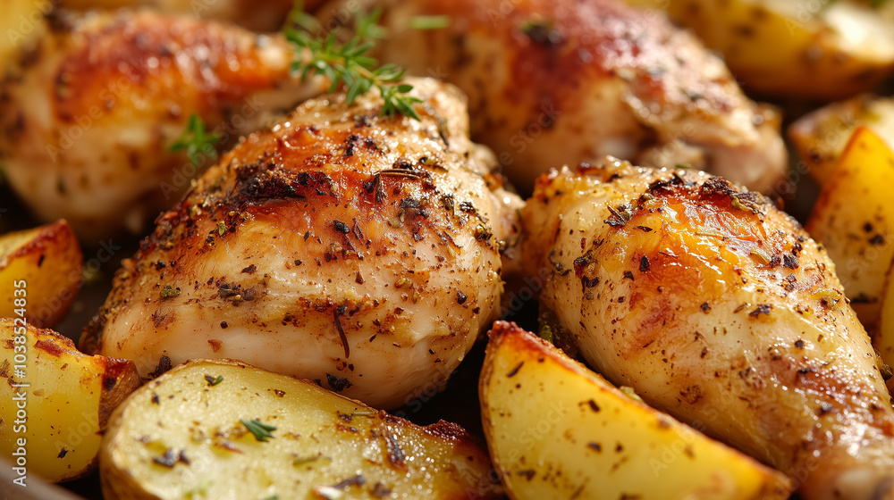 Rustic Roasted Chicken Leg with Crispy Potato Wedges Rustic Roasted Chicken Leg with Crispy Potato Wedges