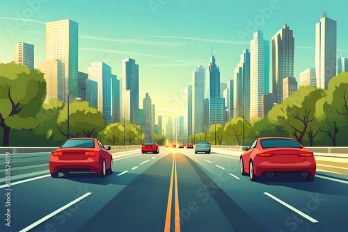 A vibrant cityscape with cars on a highway, showcasing modern skyscrapers and greenery.
