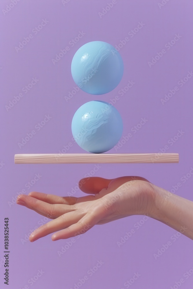 Creative Composition with Surreal Floating Blue Spheres Balancing on Wooden Stick Above Human Hand on Pastel Purple Backgroundsurreal Creative Composition with Surreal Floating Blue Spheres Balancing on Wooden Stick Above Human Hand on Pastel Purple Backgroundsurreal