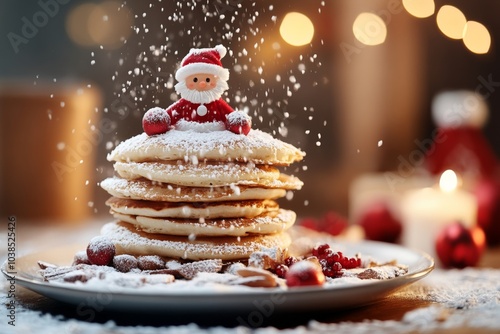 A delicious stack of pancakes is topped with a charming Santa decoration, dusted with powdered sugar, creating a festive breakfast scene filled with holiday spirit. photo