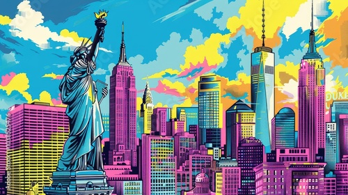 Vibrant and colorful illustration of the New York City skyline, featuring the Statue of Liberty and skyscrapers.