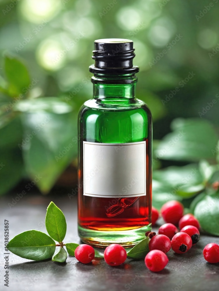 A glass bottle of wintergreen oil is placed on a clean countertop A glass bottle of wintergreen oil is placed on a clean countertop