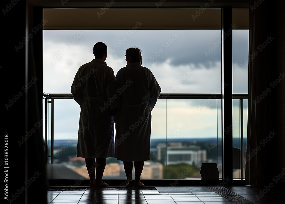 Happy Young Couple in Bathrobes Near Spa Hotel Window Happy Young Couple in Bathrobes Near Spa Hotel Window