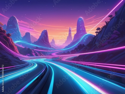 Futuristic highway, digital racetrack, glowing with vibrant neon light trails. Curving road is illuminated by streaks of electric blue, pink, and purple lights photo