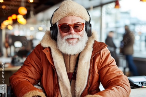 A stylish bearded man in a fur-lined coat and headphones exudes a hip vibe, enjoying music in a cozy cafe setting, radiating warmth and style in winter attire.