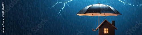 Umbrella over a house with lightning in the background, disaster protection, 3D illustration, photo