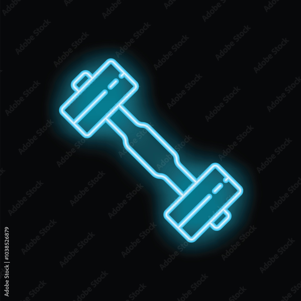 Bright, glowing blue neon dumbbell icon is set on a black background Bright, glowing blue neon dumbbell icon is set on a black background