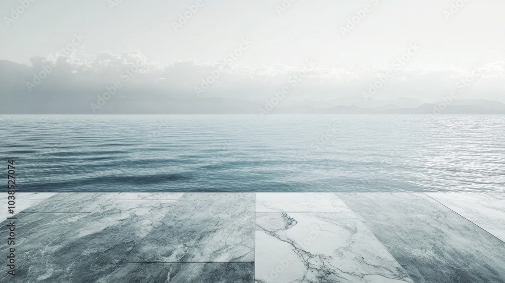 Marble table surface with an endless ocean view, creating a peaceful, luxurious setting for display.