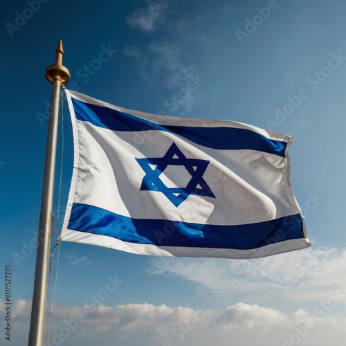 Israel flag is aving in the wind. Al Fath 48:3 En Allah help jou met active help. photo