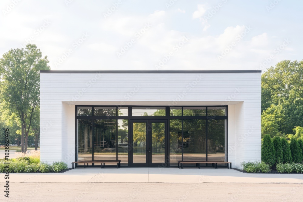 modern minimalist building exterior with glass walls and benches modern minimalist building exterior with glass walls and benches