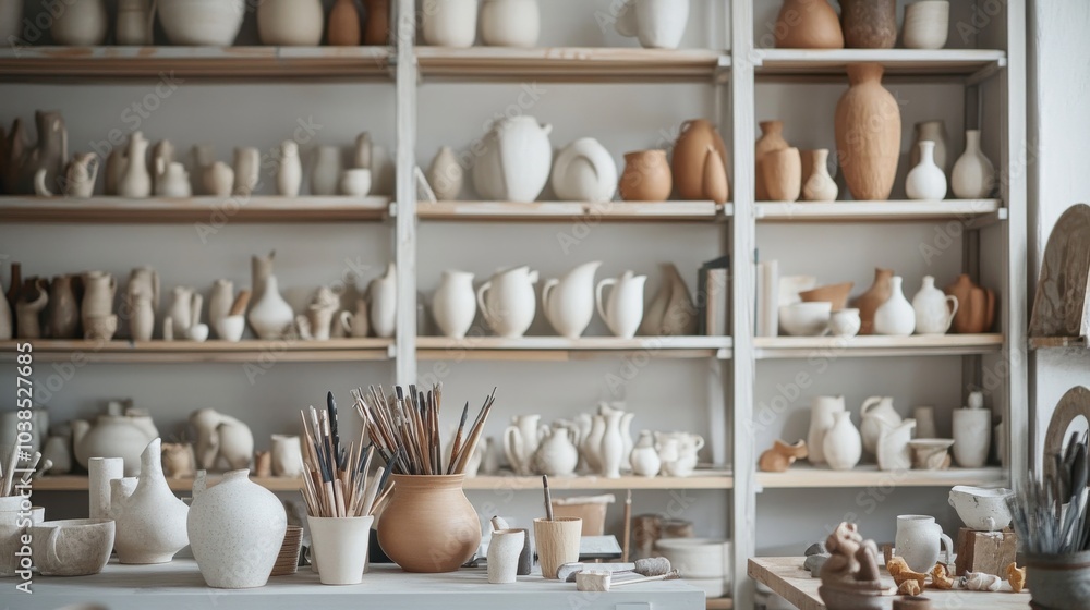 A serene pottery workshop with shelves of intricate ceramic sculptures, Pottery tools arranged amidst creative order, Contemporary ceramic art style A serene pottery workshop with shelves of intricate ceramic sculptures, Pottery tools arranged amidst creative order, Contemporary ceramic art style