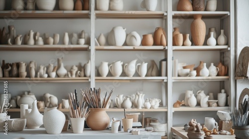 Wallpaper Mural A serene pottery workshop with shelves of intricate ceramic sculptures, Pottery tools arranged amidst creative order, Contemporary ceramic art style Torontodigital.ca