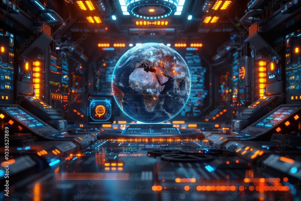 Futuristic command center with digital Earth hologram surrounded by high-tech, illuminated control panels and vibrant blue and orange lights Futuristic command center with digital Earth hologram surrounded by high-tech, illuminated control panels and vibrant blue and orange lights