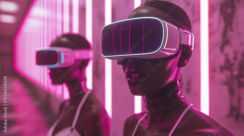 Futuristic Scene of Two Women Engaged in Virtual Reality Experience with Neon Lit Background and Sleek Modern Headsetsfuturistic
