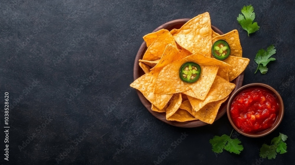 Crispy tortilla chips with fresh salsa and jalapeños Crispy tortilla chips with fresh salsa and jalapeños