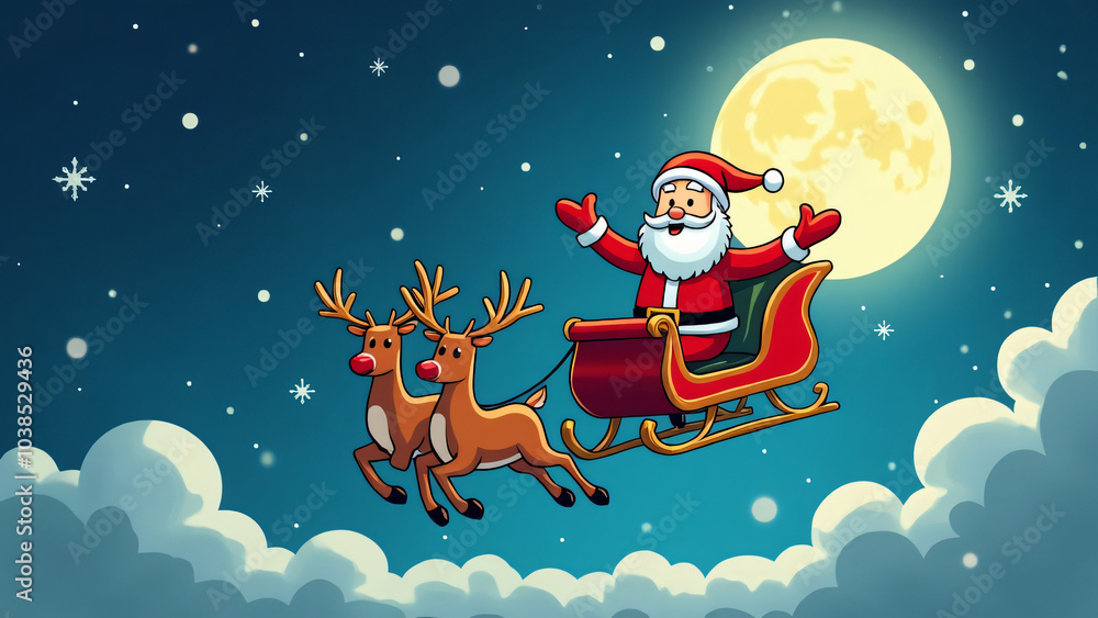 Santa Claus joyfully flying through the night sky in his sleigh pulled ...