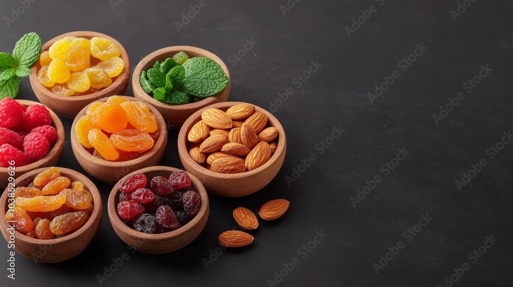 Assorted nuts and dried fruits in wooden bowls on dark surface Assorted nuts and dried fruits in wooden bowls on dark surface