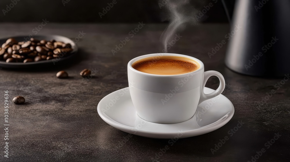 Cup of coffee with steam and coffee beans on a dark background Cup of coffee with steam and coffee beans on a dark background