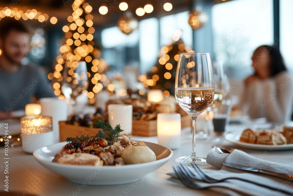 A delightful holiday dinner scene showcases a family enjoying a meal in a warmly lit setting, complete with festive table decorations and Christmas trees in the background. A delightful holiday dinner scene showcases a family enjoying a meal in a warmly lit setting, complete with festive table decorations and Christmas trees in the background.
