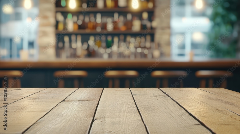 Cozy bar interior with wooden table in foreground Cozy bar interior with wooden table in foreground