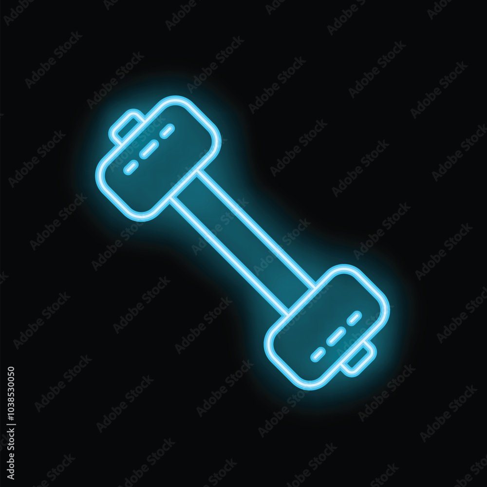 Glowing neon dumbbell icon is set against a black background, creating a striking contrast Glowing neon dumbbell icon is set against a black background, creating a striking contrast