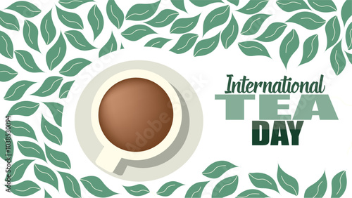 Poster for International Tea Day on May 21, banner with cup of hot tea on background of green tea leaves, background with the inscription International Tea Day, poster to celebrate the cultural eco