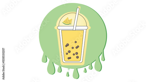 Bubble tea logo with yellow watermelon flavor on background of splashes, sweet cold drink with tapioca pearl balls, Asian street food from Taiwan, boba beverage in cup with floating balls