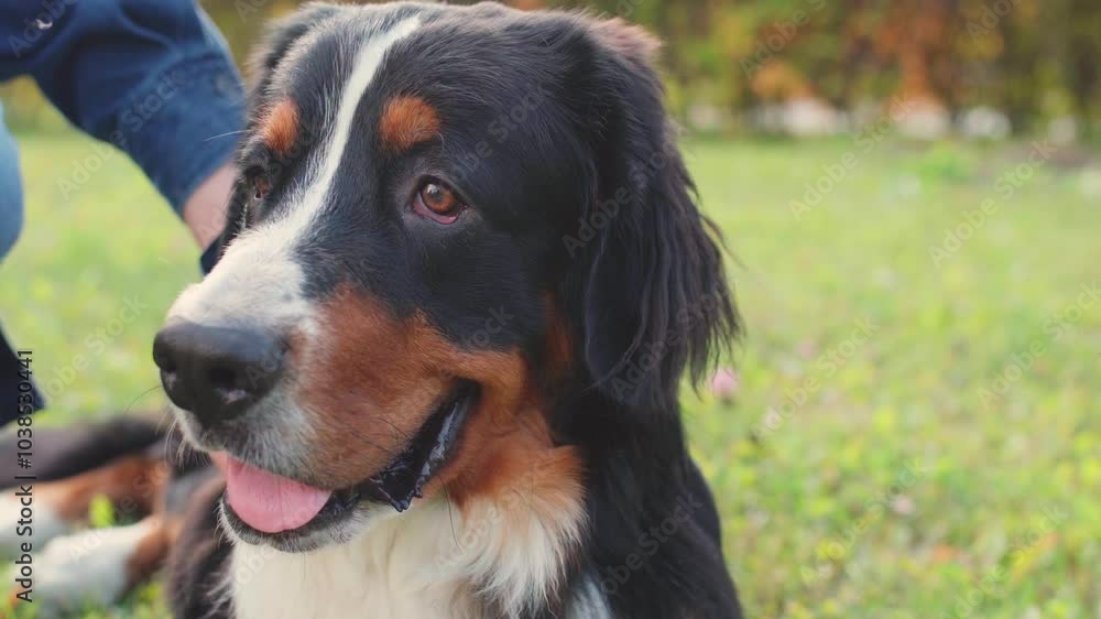 Owner strokes dog spaniel with hand, outdoors. Closeup dog sitting next its owner. Concept human animal friendship Owner strokes dog spaniel with hand, outdoors. Closeup dog sitting next its owner. Concept human animal friendship