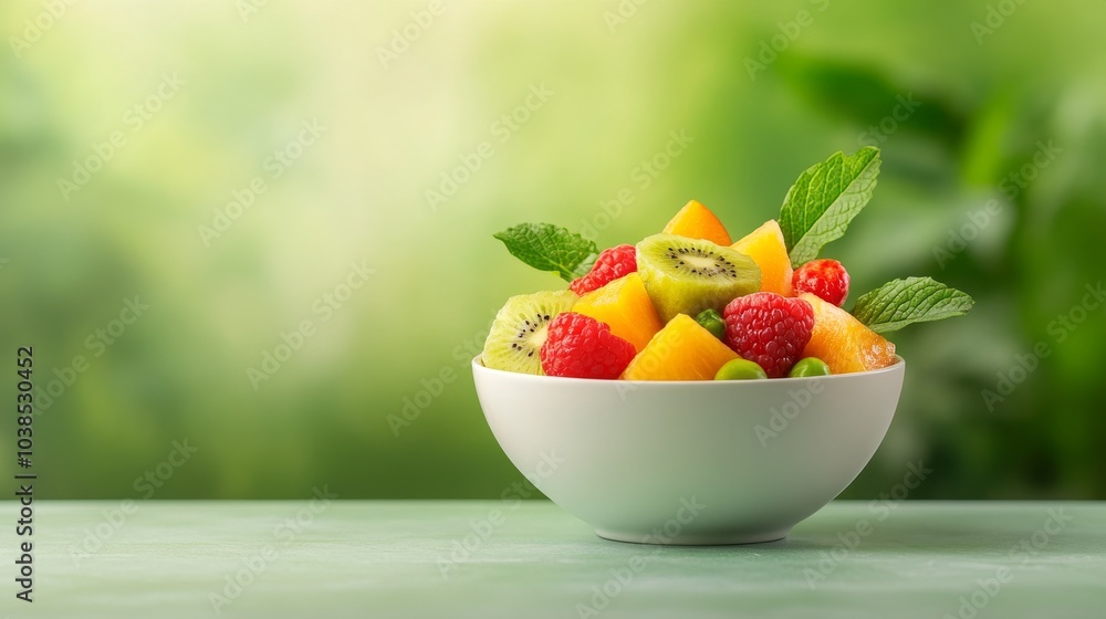 Fresh fruit salad with vibrant colors and mint garnish Fresh fruit salad with vibrant colors and mint garnish