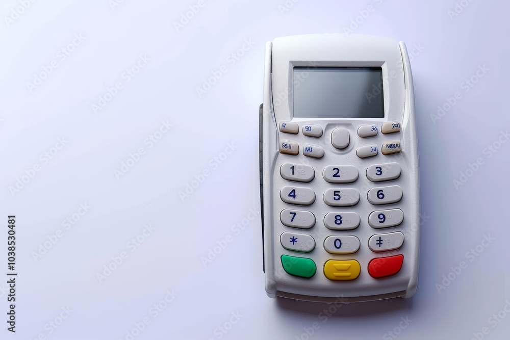 Card payment terminal displayed against a clean white background for easy viewing and use Card payment terminal displayed against a clean white background for easy viewing and use