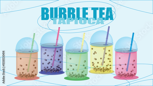 Set of bubble green tea milk with jelly balls stuffed with juice and the inscription bubble tea, tea drink with added topping in transparent cups with straws with different fruit flavors, milk bubble 