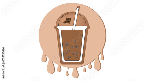 Milk bubble tea logo with chocolate flavor on background of splashes, sweet cold drink with tapioca pearl balls, Asian street food from Taiwan, boba beverage in colorful cup with floating balls