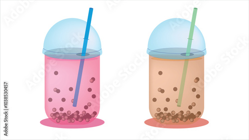 Tasty milk bubble tea in glass on white background, Bubble tea with different fruit flavors in cups with colorful straws, milk tea with tapioca, bubble boba milk tea cups