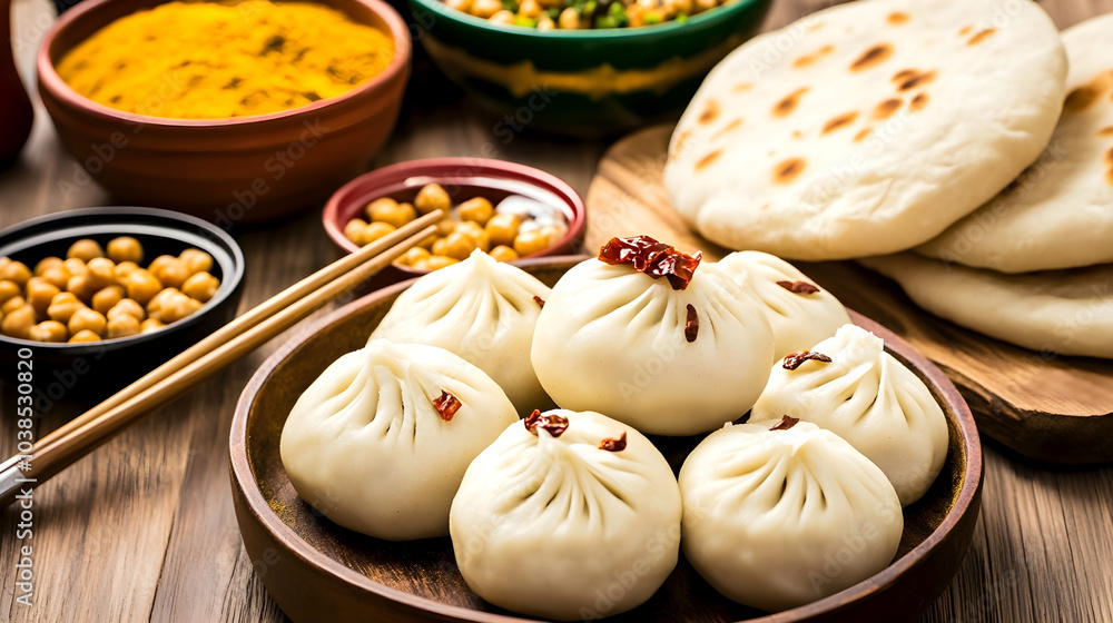 Steamed buns served with flatbread, chickpeas, and spices, creating a vibrant display of traditional Asian cuisine on a wooden table Steamed buns served with flatbread, chickpeas, and spices, creating a vibrant display of traditional Asian cuisine on a wooden table