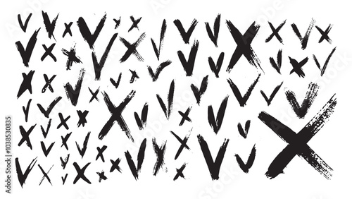 Black checkmarks and crosses are drawn with brush, set of grunge checkmarks and crosses, brushes of different designs for decoration, tick cross sign elements, vector buttons for vote, grunge elements