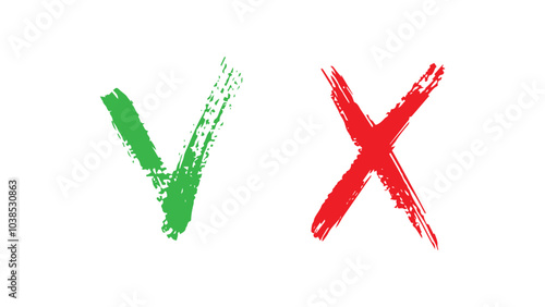 Green check mark and red cross made with grunge brush, bold brush strokes forming check mark and cross, correct and incorrect icons, accept and reject vector symbols, vector buttons for vote