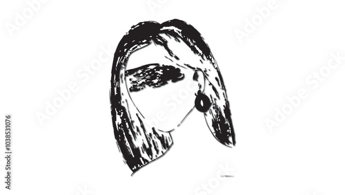 Black and white sketch of woman with bandaged eyes, girl face in grunge style, tattoo sketch, portrait of young girl without eyes, silhouette of lady head, concept of justice and fairness