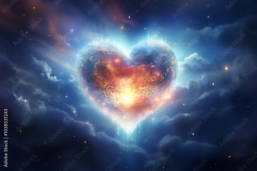 A mesmerizing heart at the center of infinite space, enveloped by celestial stars and cosmic clouds, displayed on a clean white surface A mesmerizing heart at the center of infinite space, enveloped by celestial stars and cosmic clouds, displayed on a clean white surface