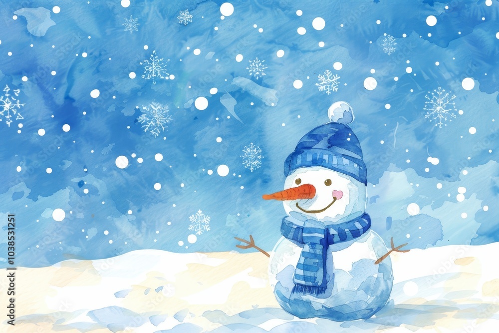 Fototapeta premium Cheerful snowman in blue cap and scarf amidst snowflakes winter holiday greeting card design
