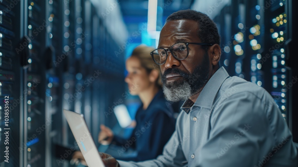 Focused IT Professional Analyzing Data on Laptop in Advanced Server Room with Diverse Team for Efficient Network Managementtechnology Focused IT Professional Analyzing Data on Laptop in Advanced Server Room with Diverse Team for Efficient Network Managementtechnology